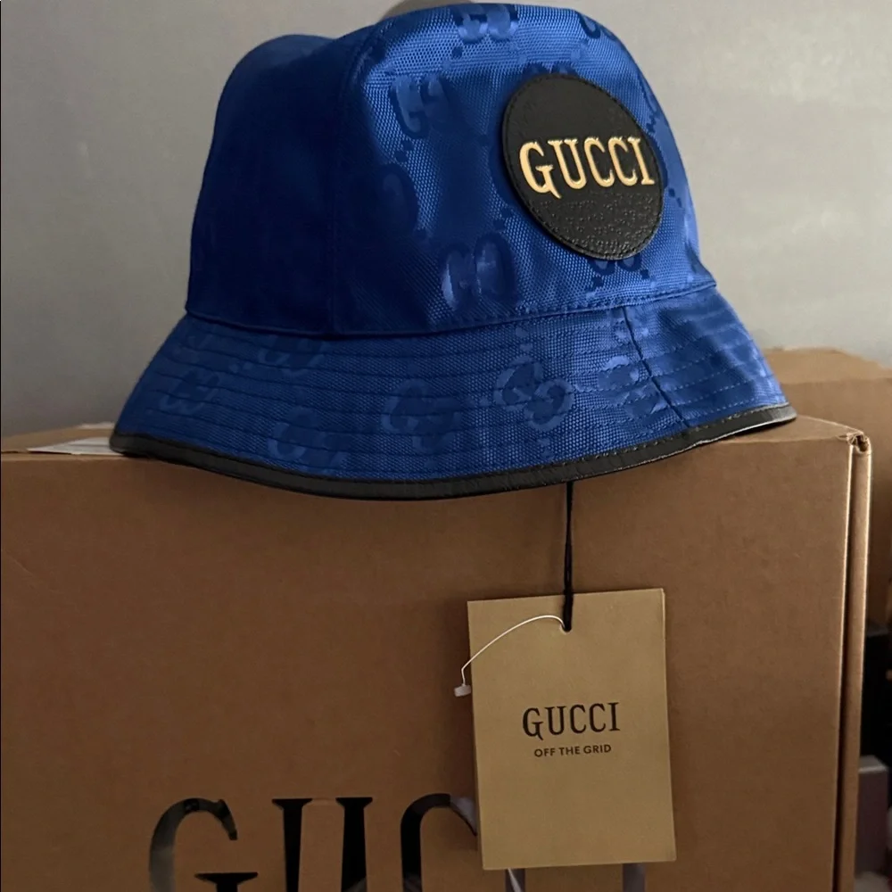 Gucci Royal Blue Bucket Hat with Black Patch
